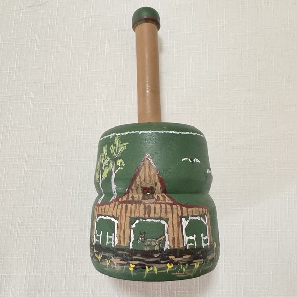 Other - Vtg Antique Wooden Butter Mold Press Folk Art Hand Painted Barn Scene Primitive